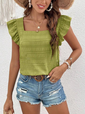Textured ruffle sleeve square neck blouse in Yellow-Green with horizontal ribbing detail.
