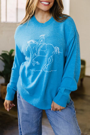 Western Embroidery Drop Shoulder Sweater in Sky Blue, front view
