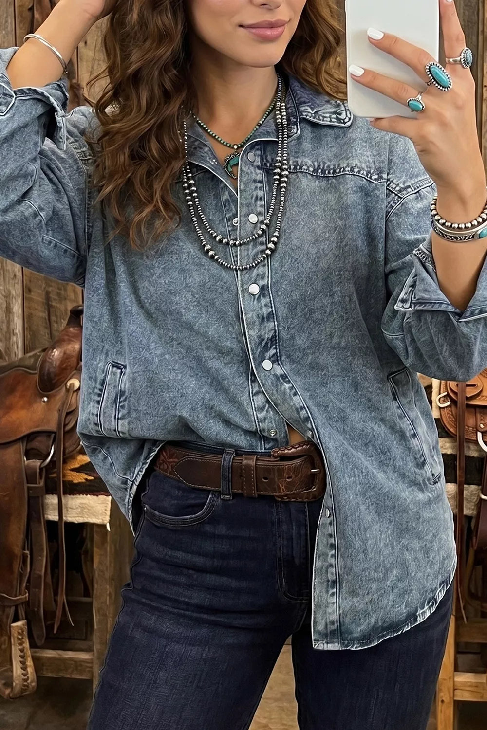 Western Long Sleeve Denim Jacket Tunic in Medium, front view