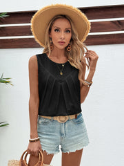 Black sleeveless top with V-neck pleats and ribbed texture