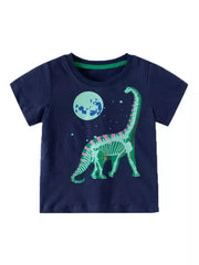 Navy cotton crew neck toddler t-shirt with playful dinosaur skeleton graphic and moon.