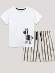 Baby boys' white cotton tee with zebra graphic and striped shorts set