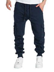 Navy cargo joggers with cuffed ankles and drawstring waist.
