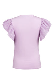 Lavender ribbed top with sheer polka dot puff sleeves