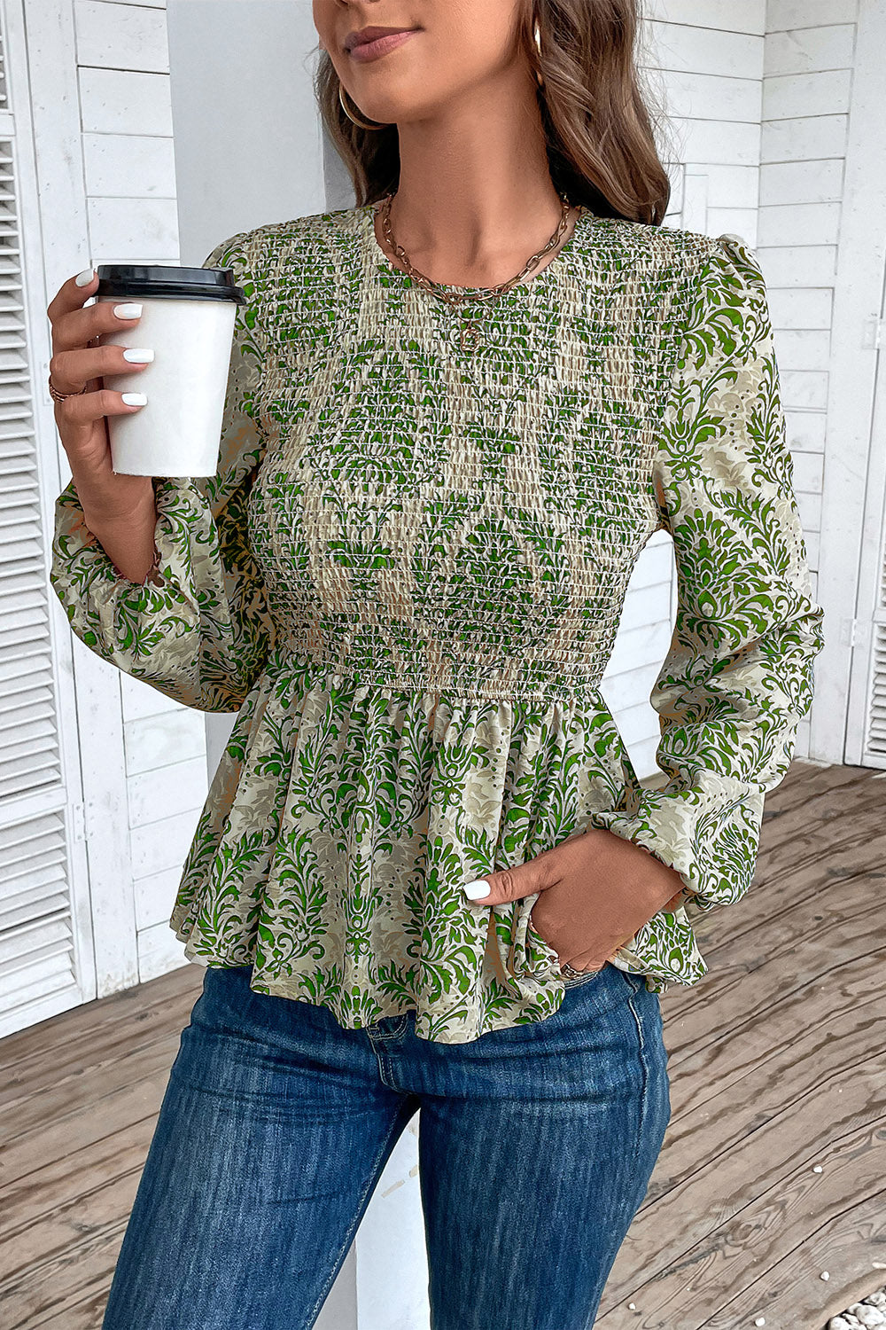 Green damask print peplum blouse with smocking and puff sleeves