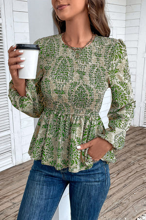Green damask print peplum blouse with smocking and puff sleeves