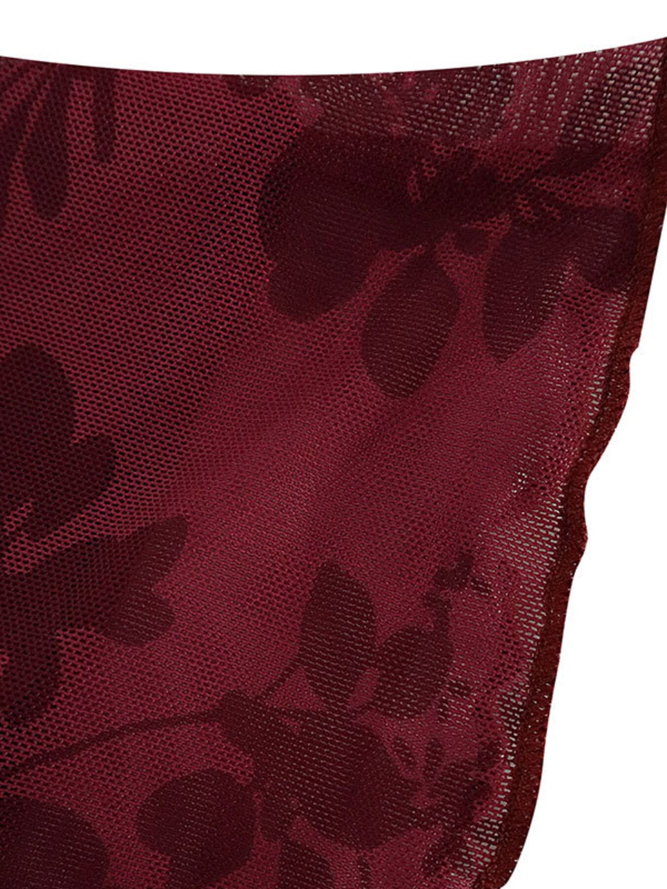 Burgundy floral mesh bodycon mini dress detail showing sheer fabric with dark floral pattern.