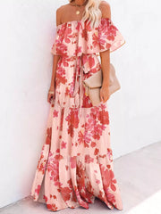 Elegant off-shoulder tiered maxi dress in Red Flower floral print with tie waist and ruffle detail.