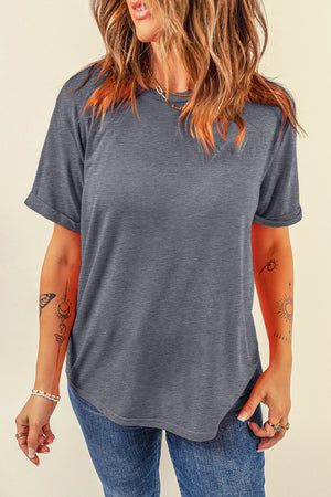 Dark Gray rolled sleeve raglan tee with a casual crew neck and curved hem.