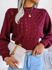 Burgundy openwork puff sleeve knit sweater with mock neck and textured pattern