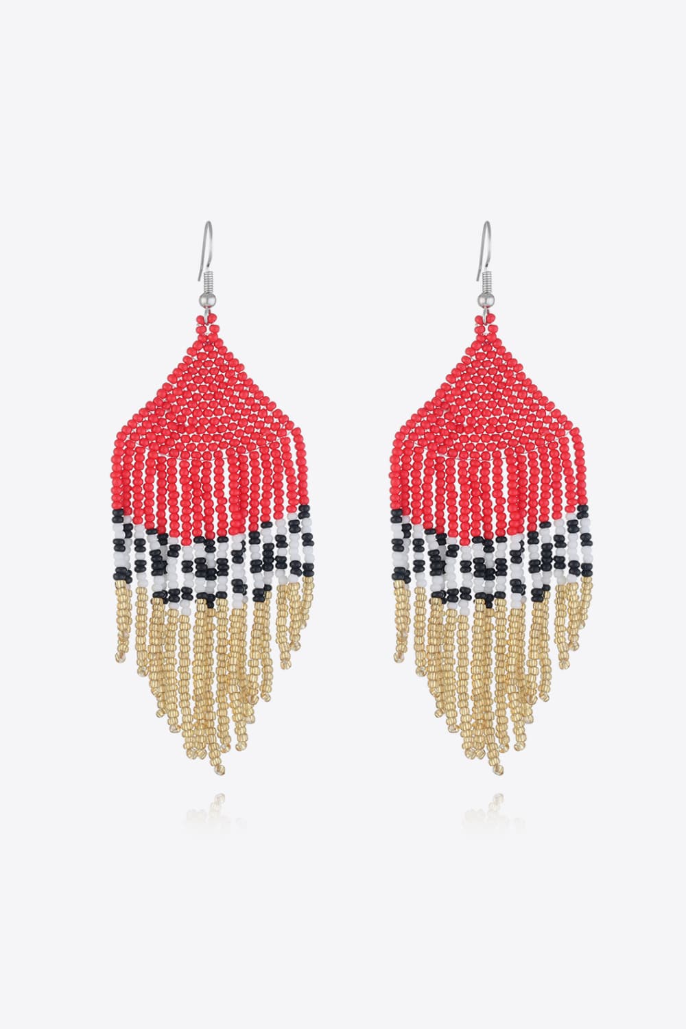 Geometric fringe beaded earrings in red, black, white, and gold with a boho style.