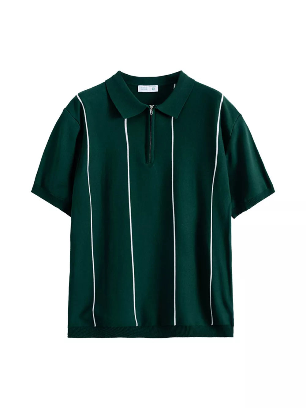 Wood Green knit polo shirt with white vertical stripes and quarter zip neckline.