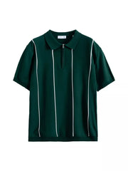 Wood Green knit polo shirt with white vertical stripes and quarter zip neckline.