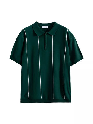 Wood Green knit polo shirt with white vertical stripes and quarter zip neckline.