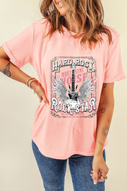 Watermelon pink graphic tee with a Hard Rock Rock Star guitar and wings design.