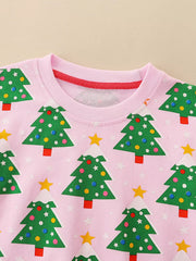 Pink crewneck sweatshirt with allover Christmas tree print and red neckline trim.