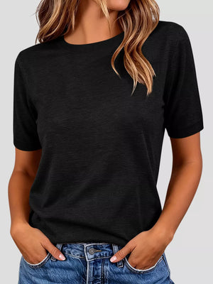 Classic Crew Neck Short Sleeve Knit Top in Dark Brown, front view