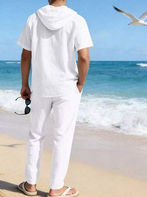 White linen blend hooded short sleeve top and pants ensemble for men.