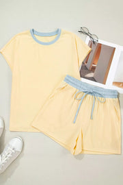 Yellow ribbed cotton two-piece set with blue trim crew neck top and drawstring shorts.