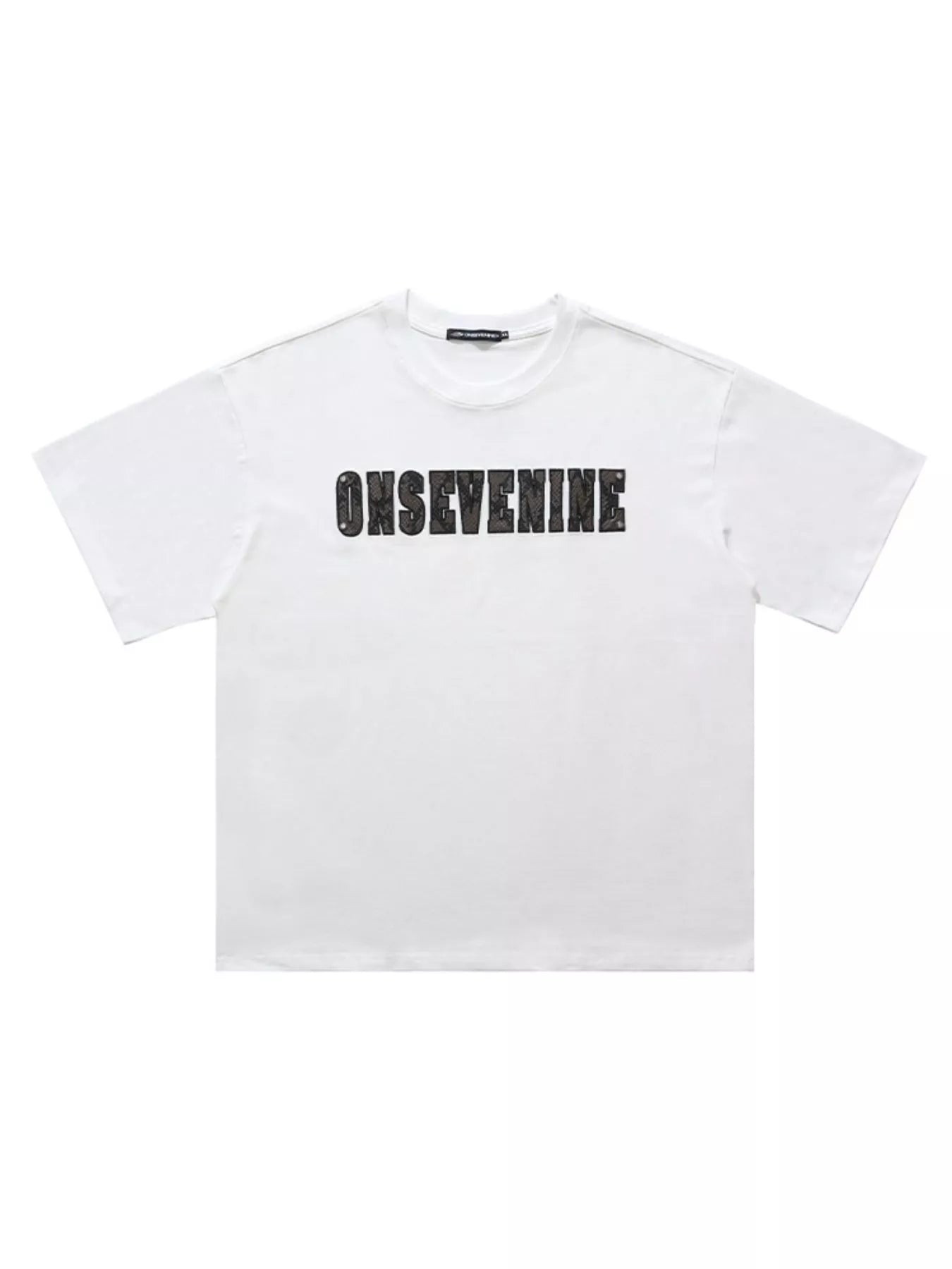 White cotton oversized t-shirt with black graphic logo print on chest.