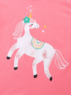Pink cotton toddler t-shirt with a white unicorn graphic, flower, and stars.