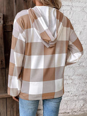 Buffalo plaid v-neck hoodie in khaki with button detail.