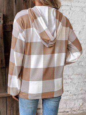 Buffalo plaid v-neck hoodie in khaki with button detail.