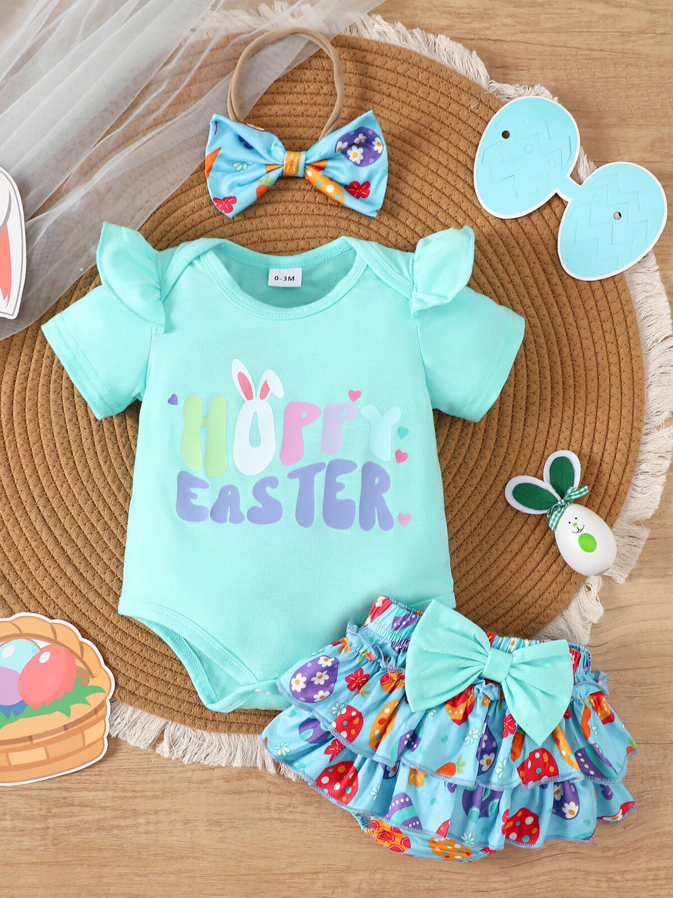 Lake blue Easter bodysuit with ruffle sleeves and carrot print skirt.