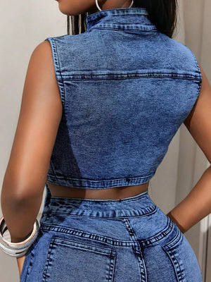 Sleeveless Zip-up Denim Crop Top in Red, back view
