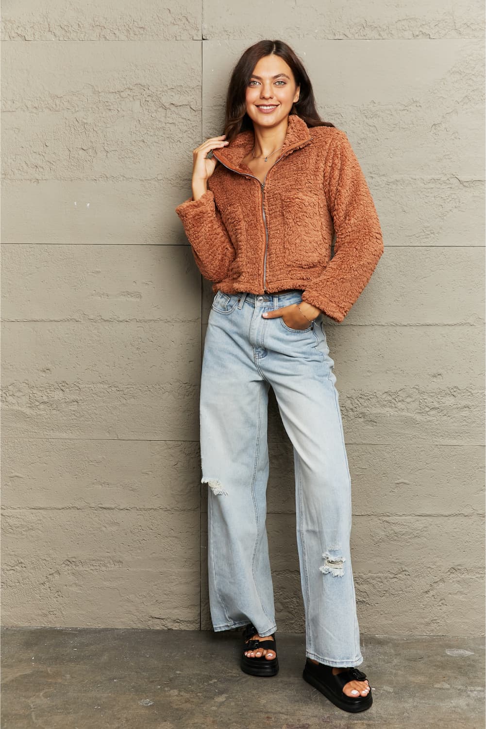 Caramel teddy fleece cropped jacket with a zip-up collar and relaxed fit.