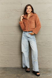 Caramel teddy fleece cropped jacket with a zip-up collar and relaxed fit.