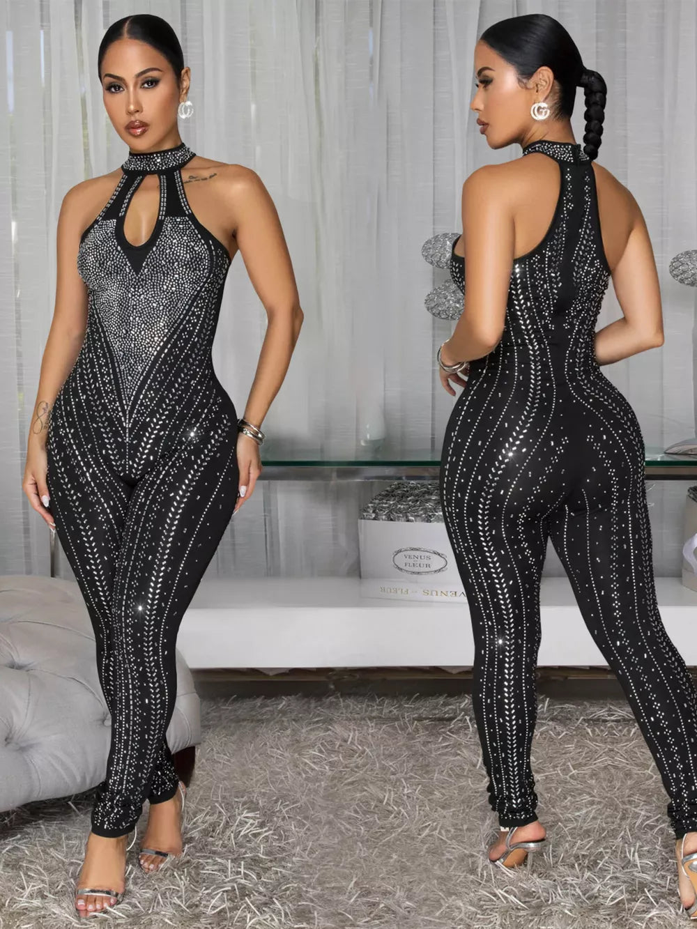 Black rhinestone halter neck romper with keyhole cutout and full length legs.