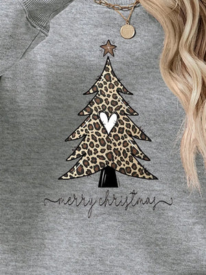 Grey sweatshirt with leopard print Christmas tree graphic and merry christmas text