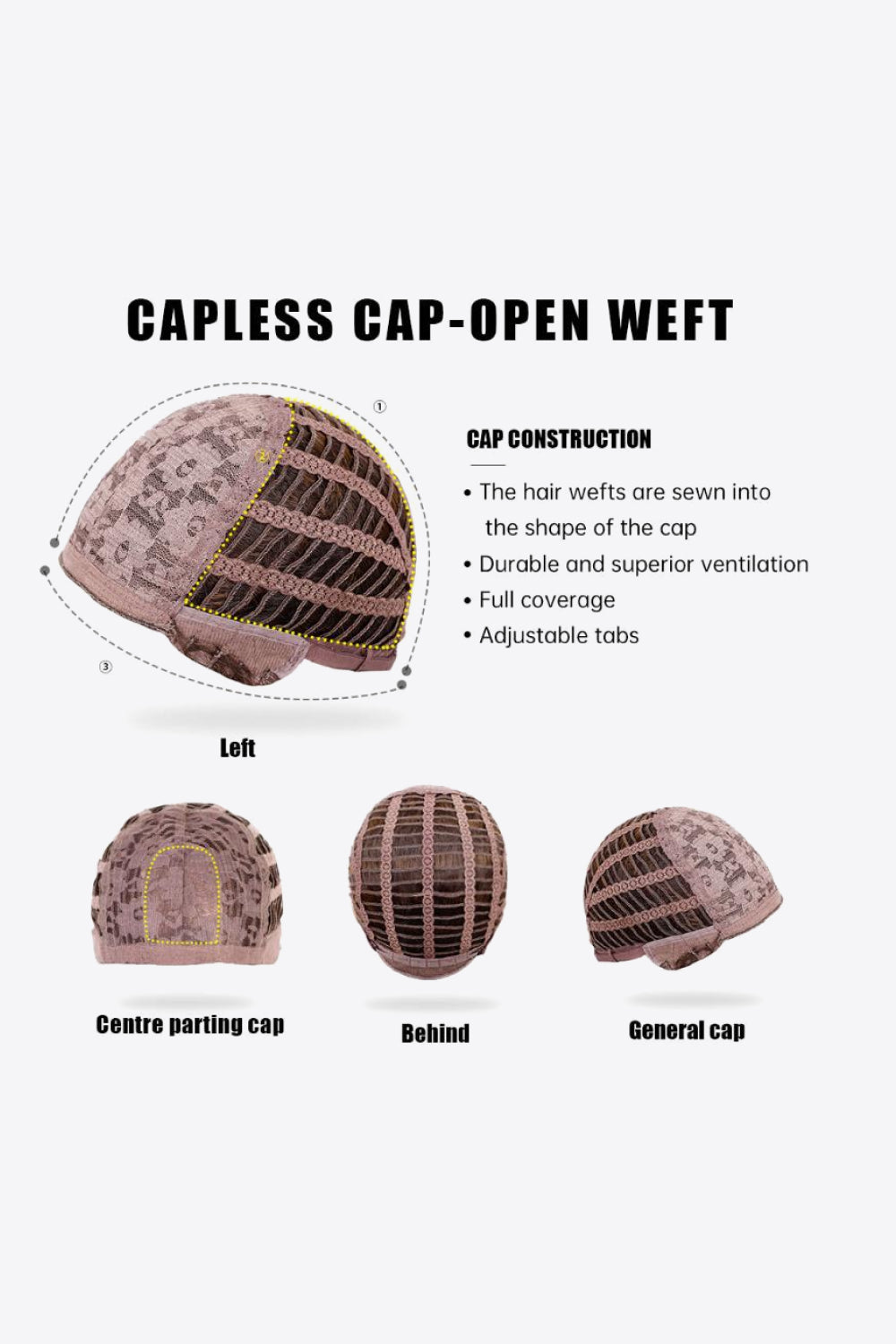 Ombre fringe synthetic hair extension cap construction details, showing open weft and adjustable tabs.
