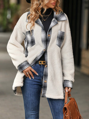 Cream teddy shacket with black and white plaid details, button front, and chest pockets.