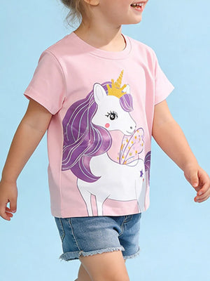 Pink cotton toddler t-shirt with a graphic of a unicorn wearing a crown and wings.