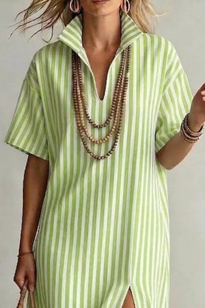 Lime striped V-neck maxi dress with short sleeves and a high slit.