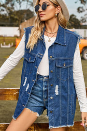 Distressed dark denim sleeveless jacket with frayed hem and pockets.