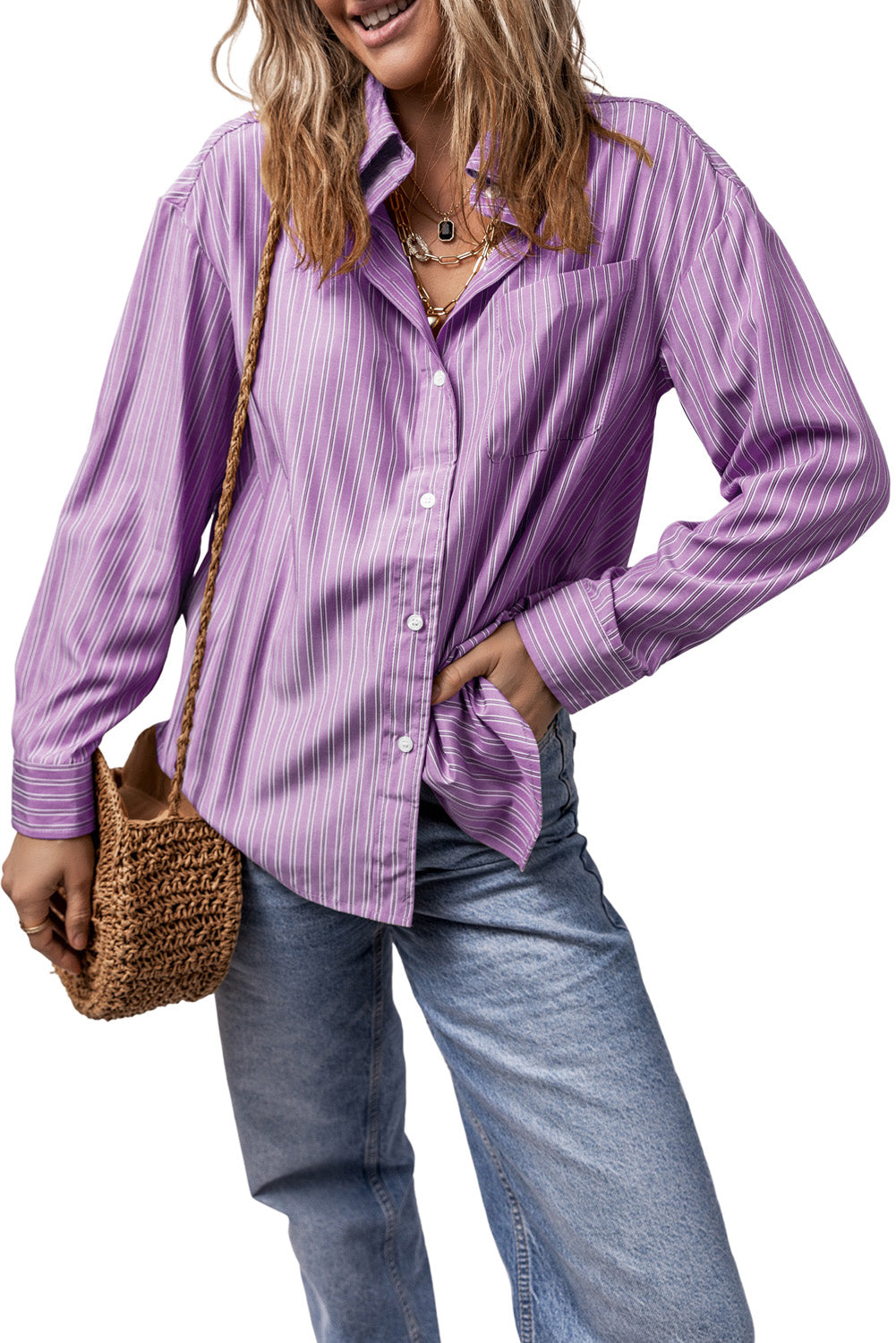 Oversized lilac striped Oxford shirt with button front and pocket.
