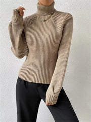 Mocha ribbed turtleneck knit sweater with long sleeves and a classic fit.