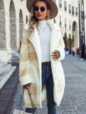Beige checkered teddy cocoon coat with a relaxed fit and button closure.