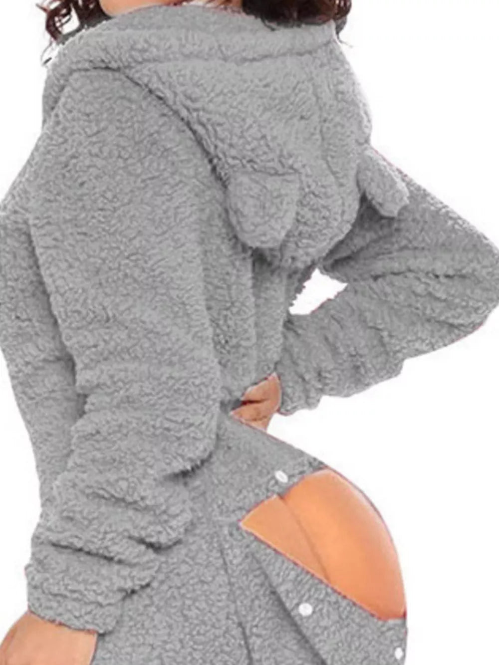 Light gray fleece hooded romper with buttoned open back detail and ear accents.