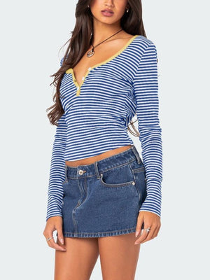 Blue striped long sleeve henley shirt with contrast collar and button detail