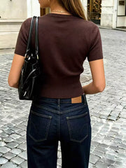 Short-sleeve Button-up Cardigan in Brown, back view