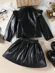 Black faux leather toddler jacket with ruffles and matching skirt.