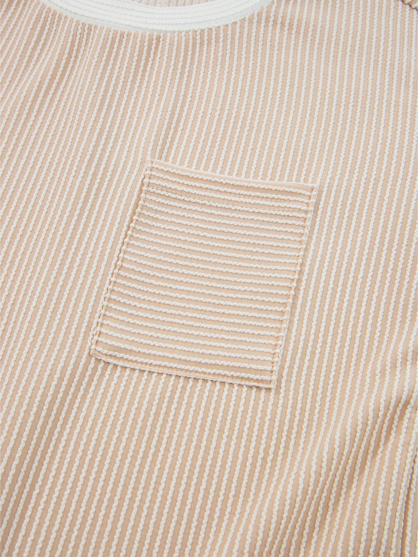 Beige striped t-shirt dress with crew neck and chest pocket detail.