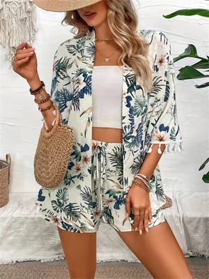 Botanical print kimono with tassel trim and matching drawstring shorts set in light green.