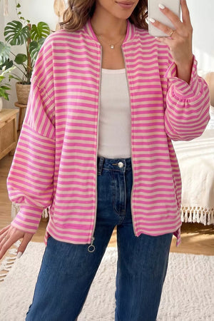 Striped Zip-up Loose Fit Hoodie in Pink, front view