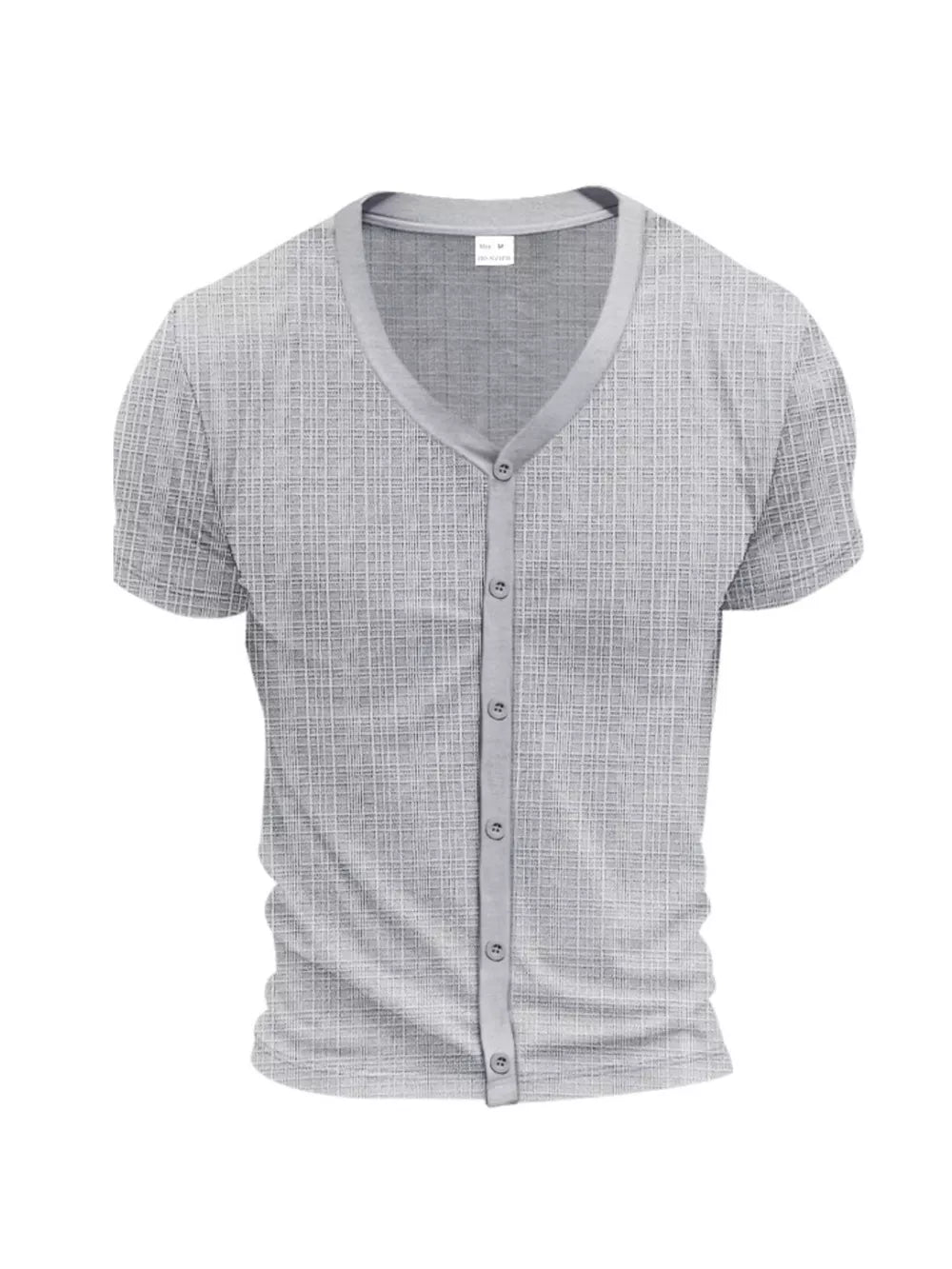 Light Gray V-neck button-down undershirt with a subtle grid pattern and short sleeves.
