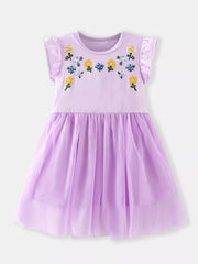 Toddler lavender tulle dress with embroidered floral bodice and flutter sleeves.